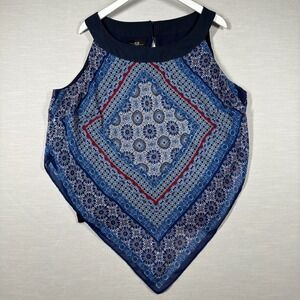 AGB Top Womens 3X Blue Flowy Boho Bandana Chic Coastal Hippie Floral Geometric